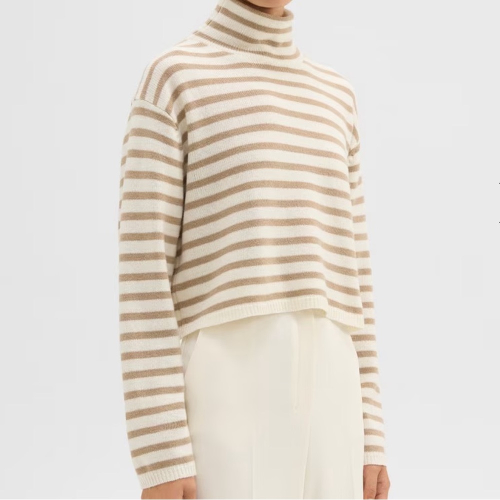 Theory Striped Crop Turtleneck in Felted Wool-Cashmere Size Medium